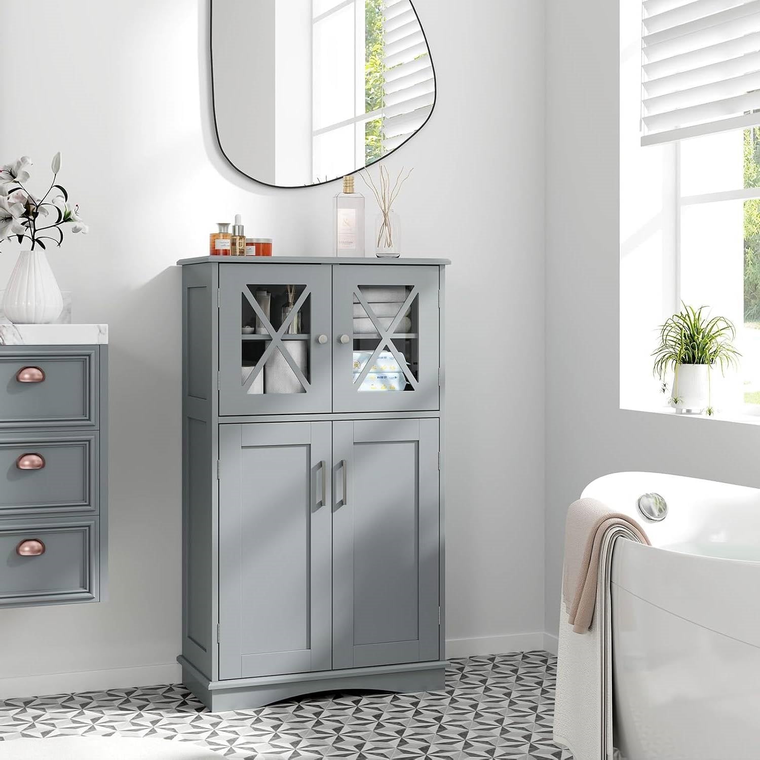 Bathroom Towel Linen Cabinet with Glass Doors and Storage Shelves