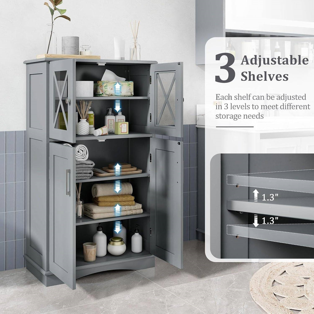 Bathroom Towel Linen Cabinet with Glass Doors and Storage Shelves