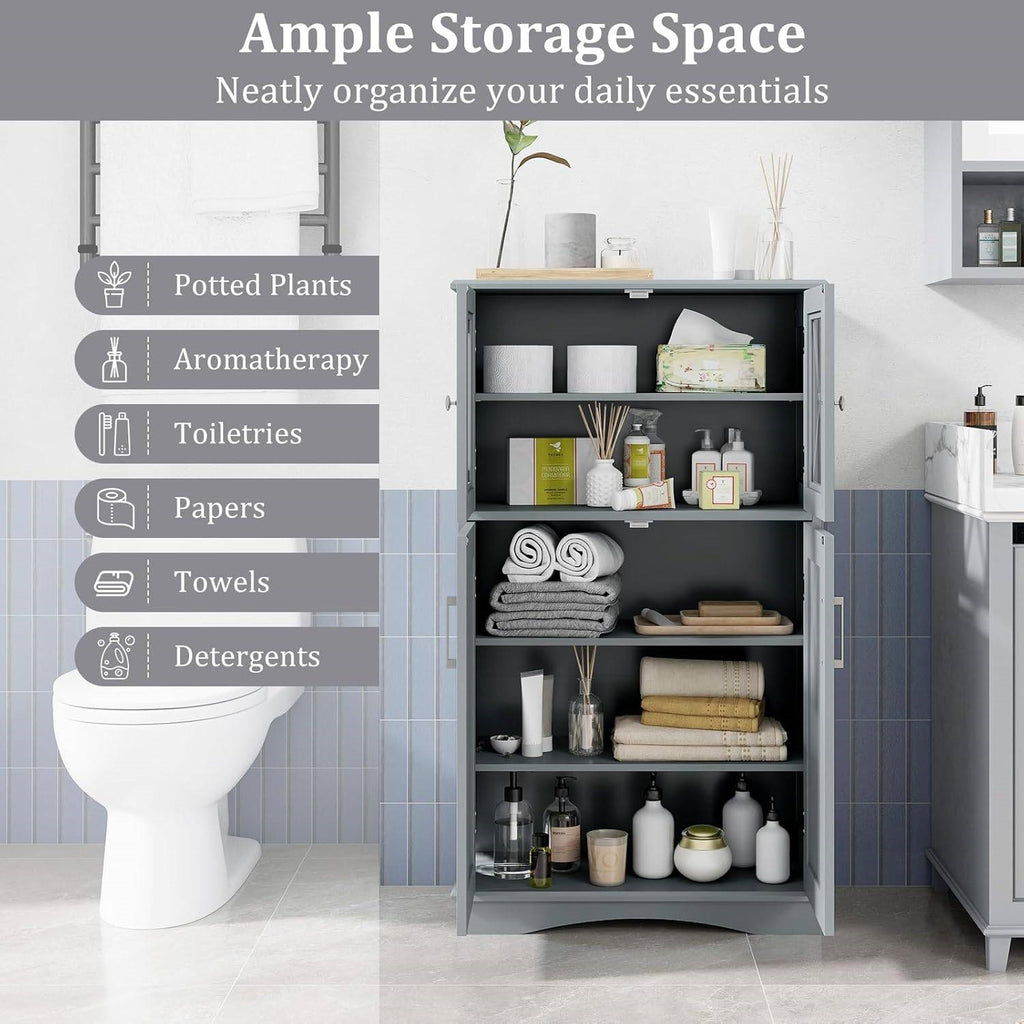 Bathroom Towel Linen Cabinet with Glass Doors and Storage Shelves