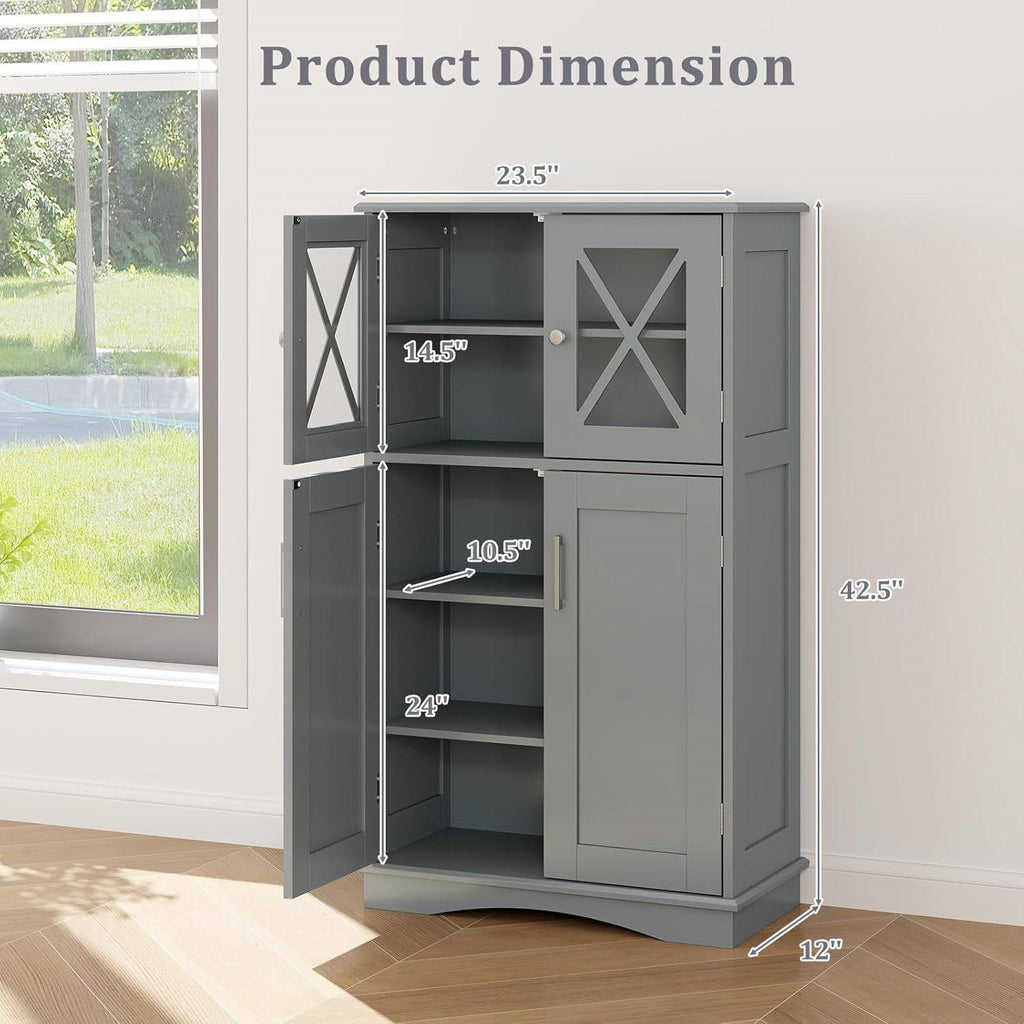 Bathroom Towel Linen Cabinet with Glass Doors and Storage Shelves