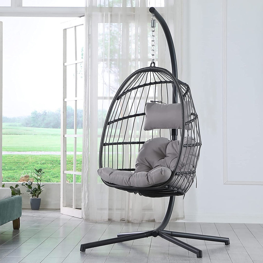 Grey Indoor/Outdoor Wicker Rattan Aluminum Frame Swing Egg Chair Hammock *