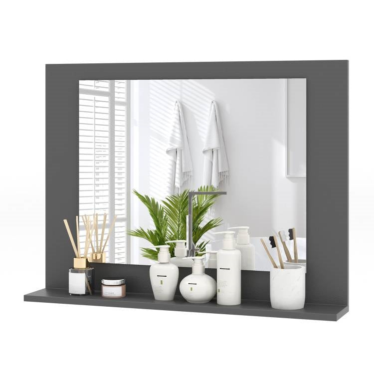 Rectangular Bathroom Wall Mirror with Storage Shelf and Wood Frame