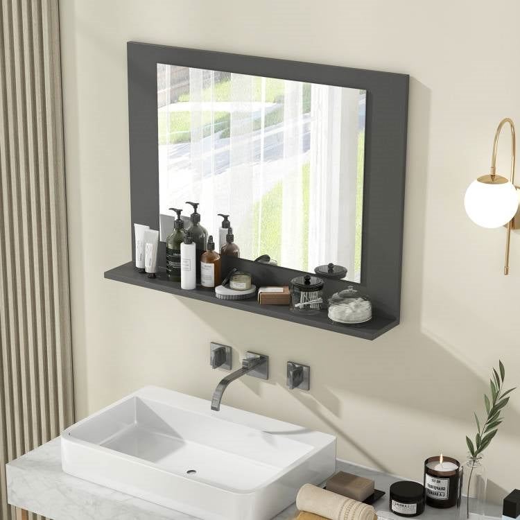 Rectangular Bathroom Wall Mirror with Storage Shelf and Wood Frame