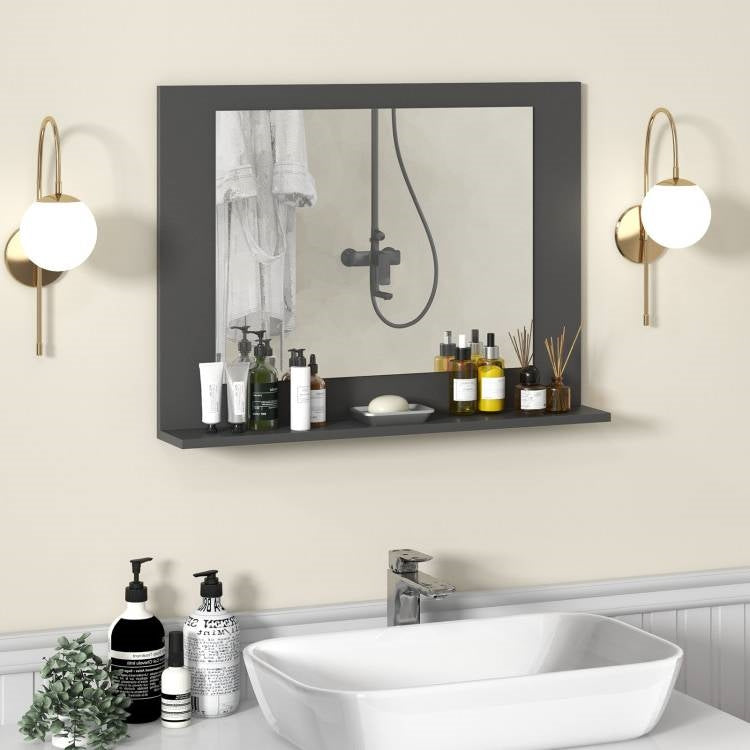 Rectangular Bathroom Wall Mirror with Storage Shelf and Wood Frame