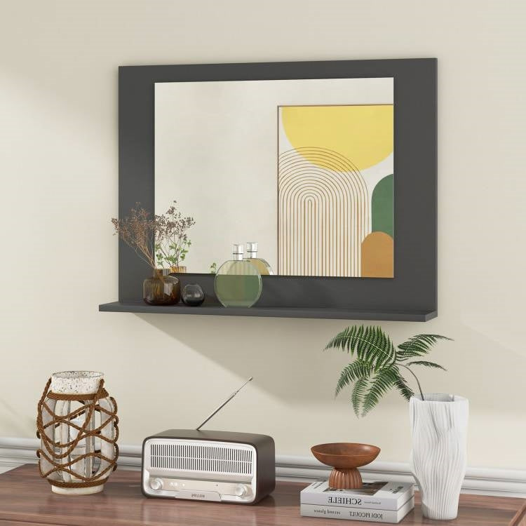 Rectangular Bathroom Wall Mirror with Storage Shelf and Wood Frame