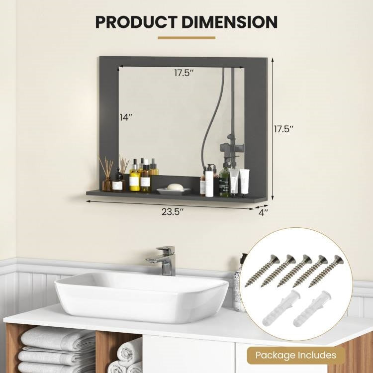 Rectangular Bathroom Wall Mirror with Storage Shelf and Wood Frame