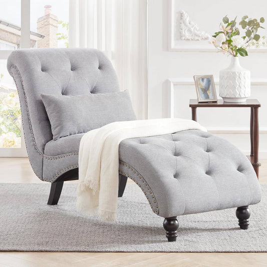 Linen Upholstered Armless Chaise Lounge Chair with Pillow in Grey or Beige