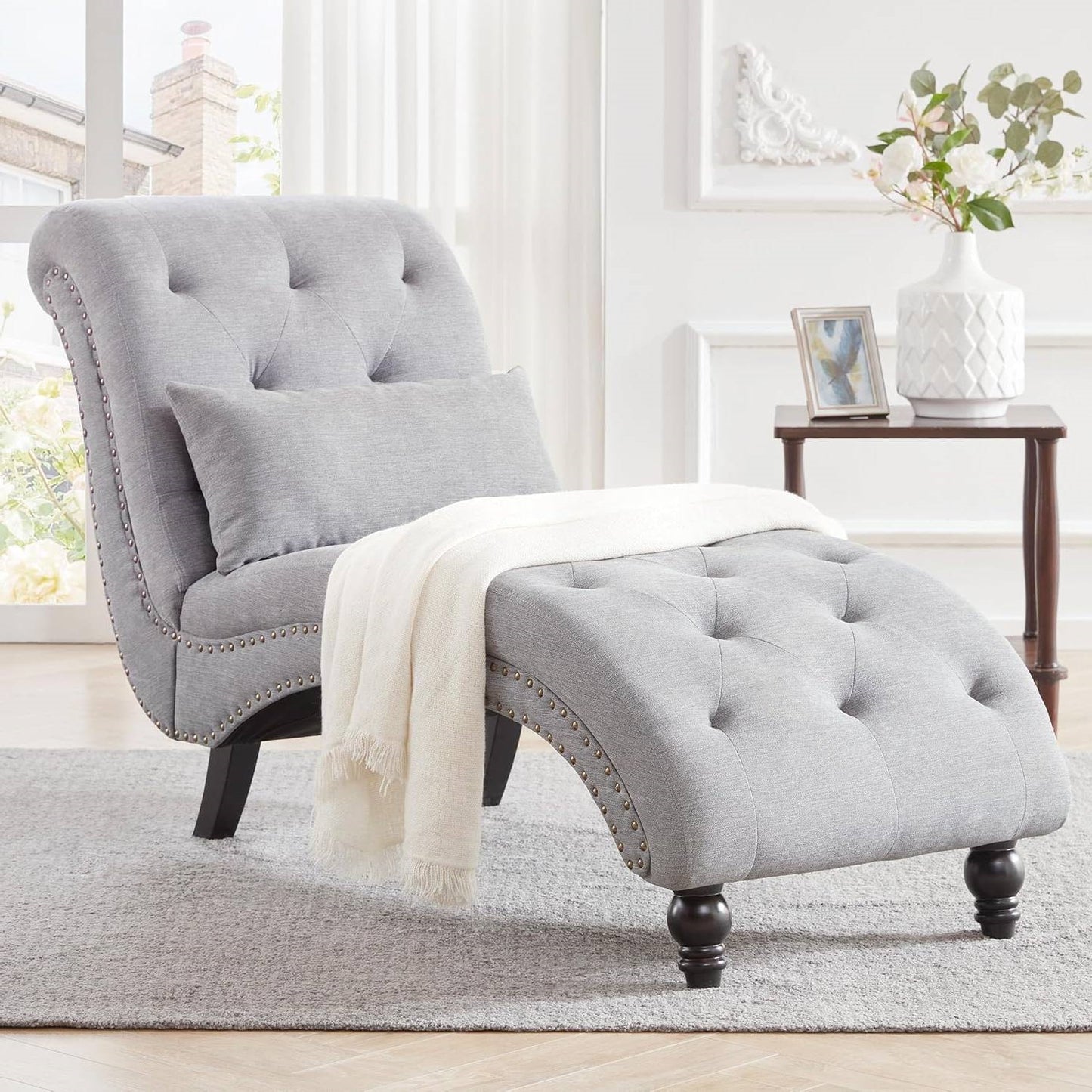 Linen Upholstered Armless Chaise Lounge Chair with Pillow in Grey or Beige