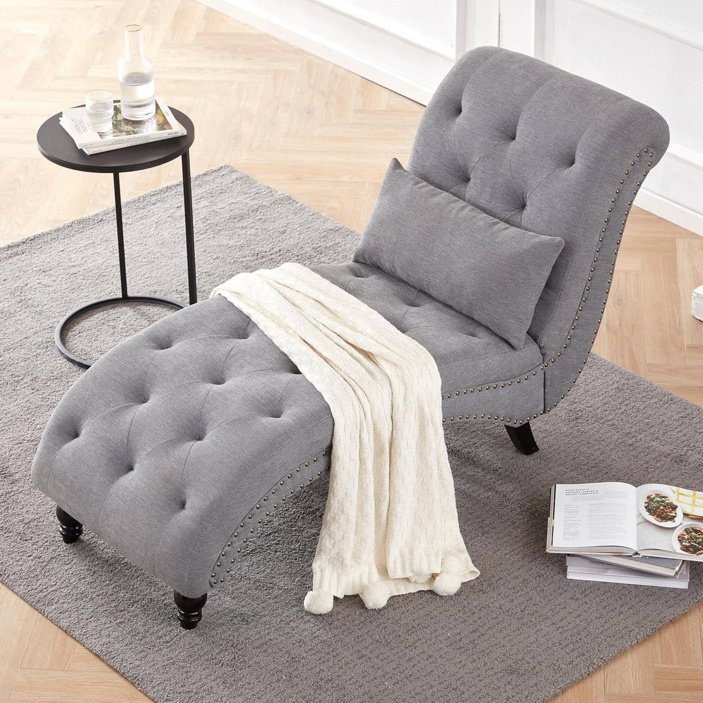 Linen Upholstered Armless Chaise Lounge Chair with Pillow in Grey or Beige