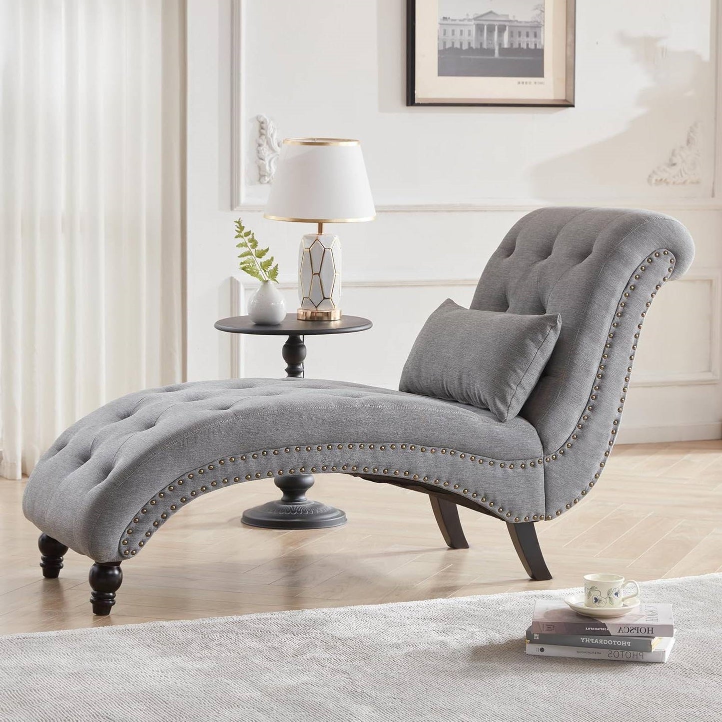 Linen Upholstered Armless Chaise Lounge Chair with Pillow in Grey or Beige