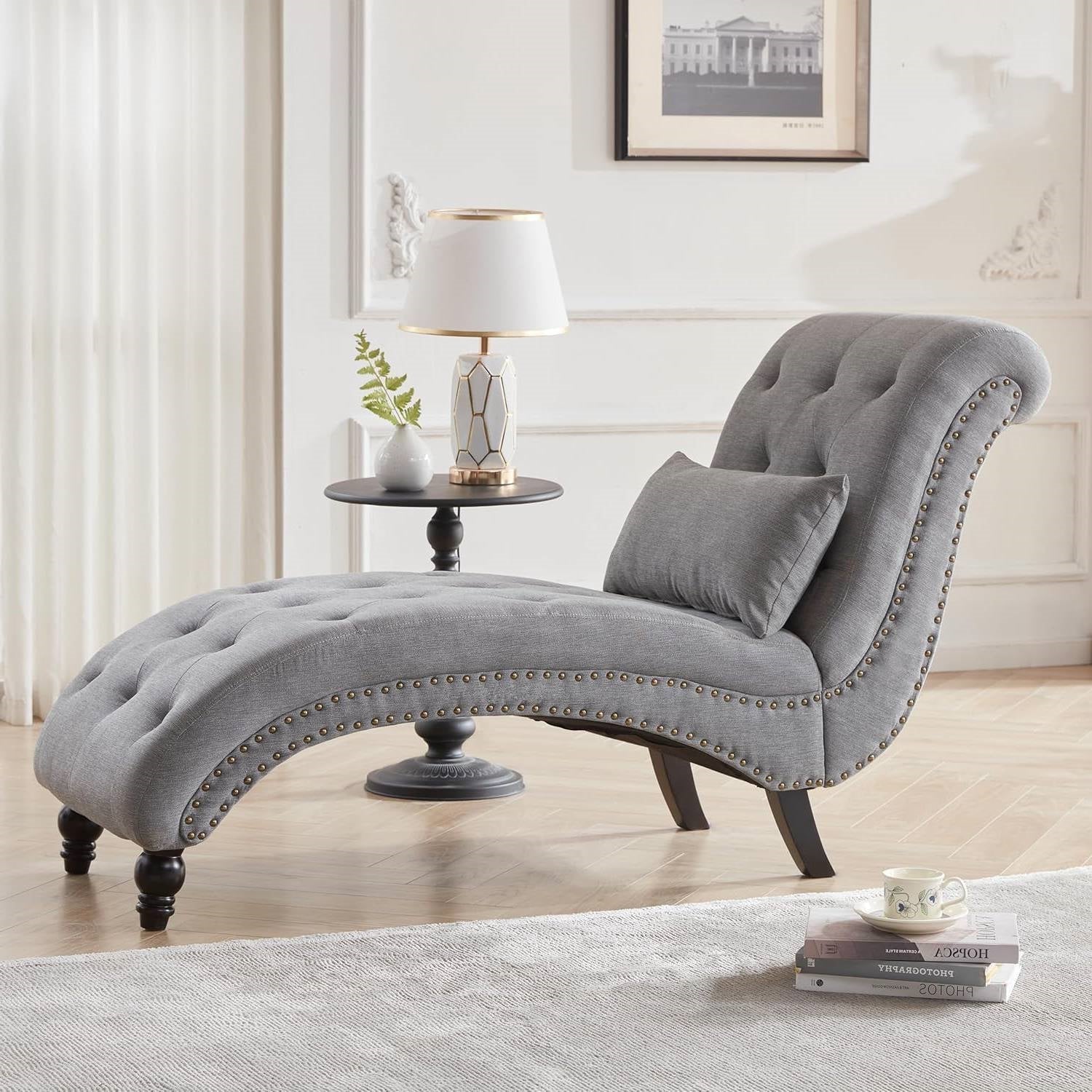 Linen Upholstered Armless Chaise Lounge Chair with Pillow in Grey