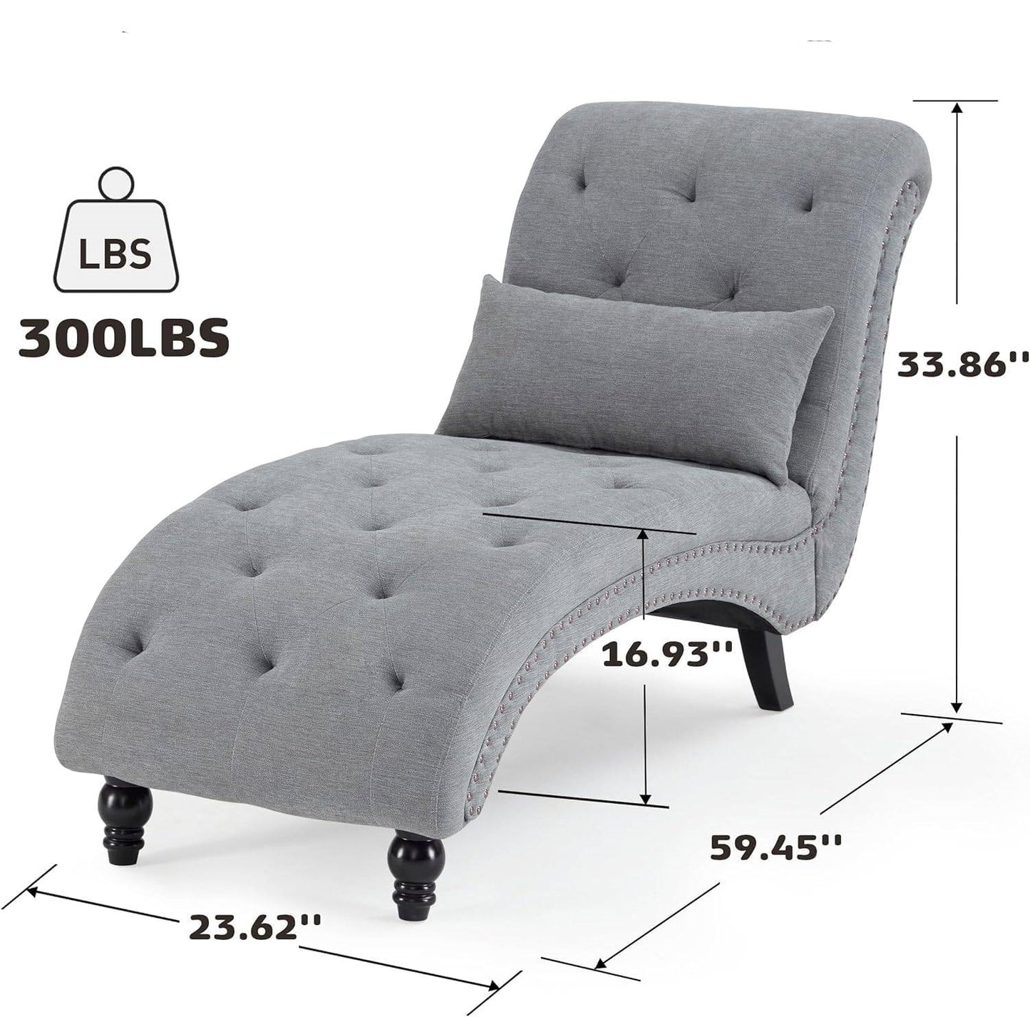 Linen Upholstered Armless Chaise Lounge Chair with Pillow in Grey or Beige