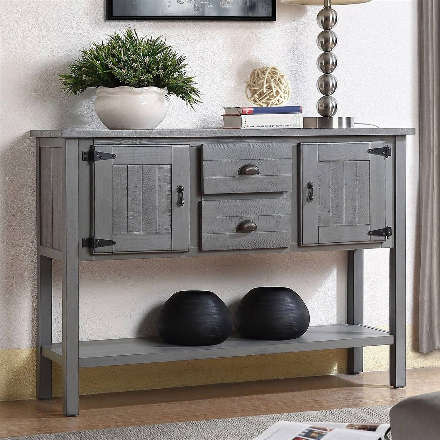 Farmhouse Solid Wood Sofa Table with Storage Drawers in Grey