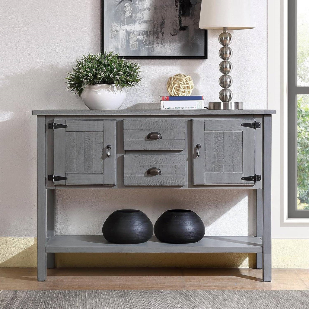 Farmhouse Solid Wood Sofa Table with Storage Drawers in Grey