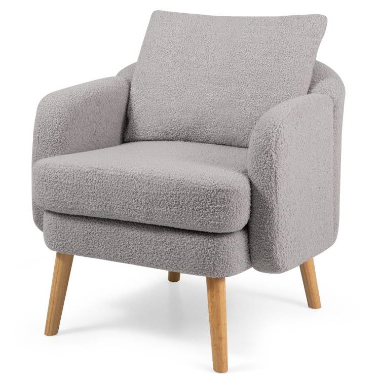 Modern Grey Sherpa Fabric Upholstered Accent Chair with Wooden Legs