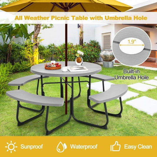 Grey All Weather 8 Seater Picnic Table with Umbrella Hole