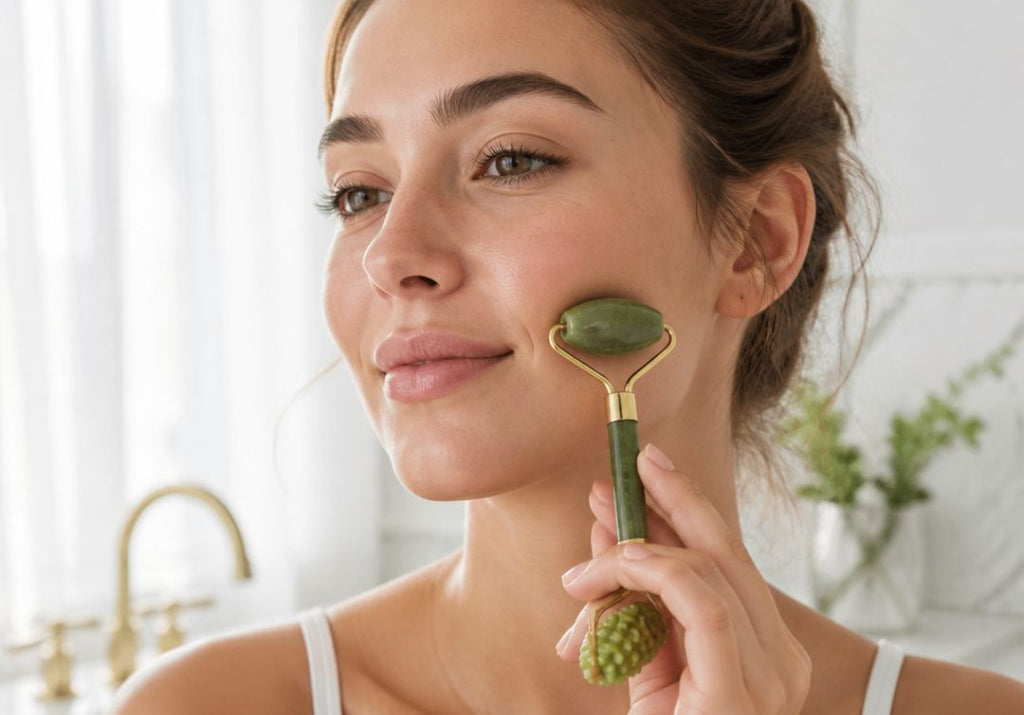 Emerald Green Faux Croc Skincare Travel Case with Jade Facial Roller Set – 4-Piece Beauty Collection