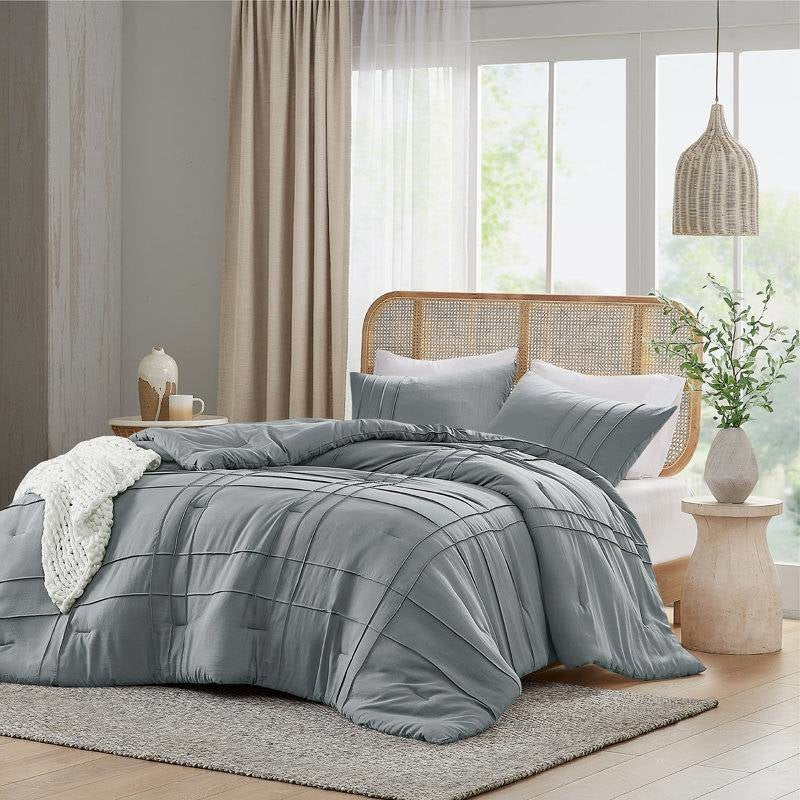 Pleated Pre-Washed Microfiber Comforter Set in Blue Grey