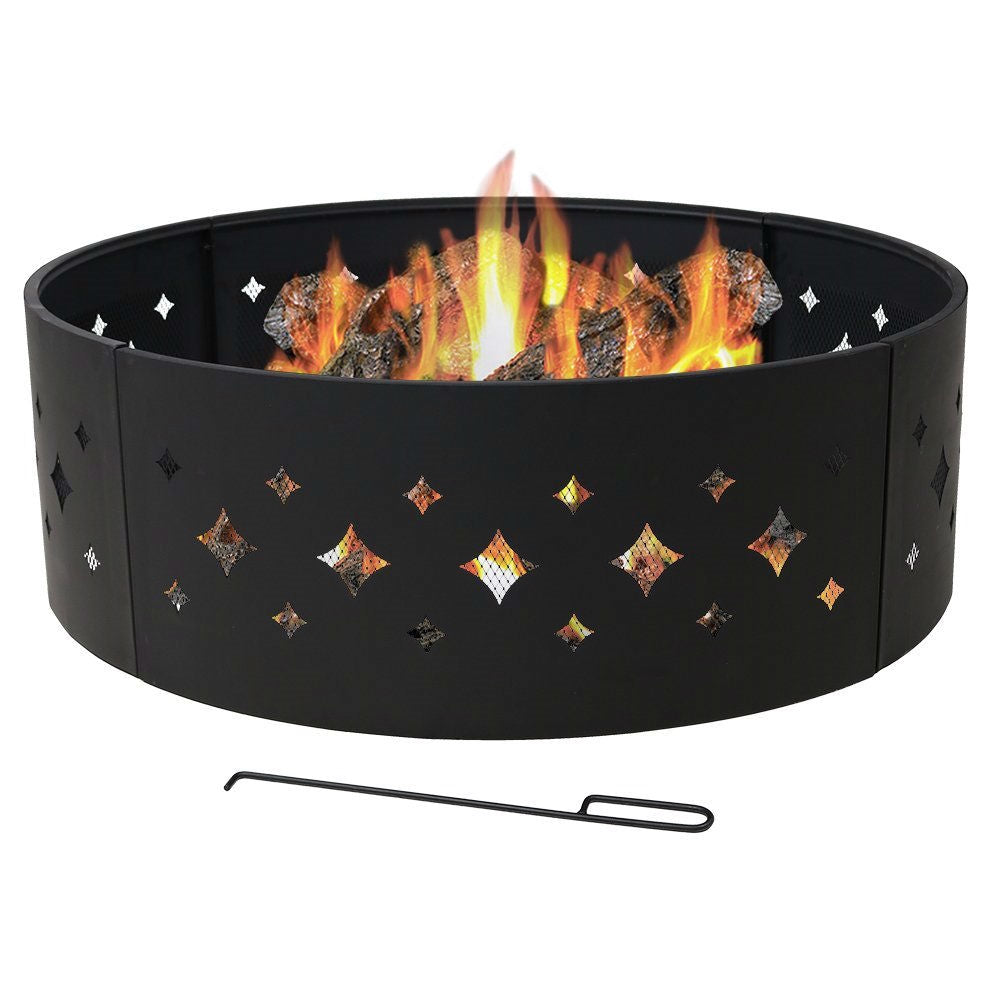 Picnic Freely Heavy Duty 36-inch Black Steel Fire Pit Ring with Diamond Pattern