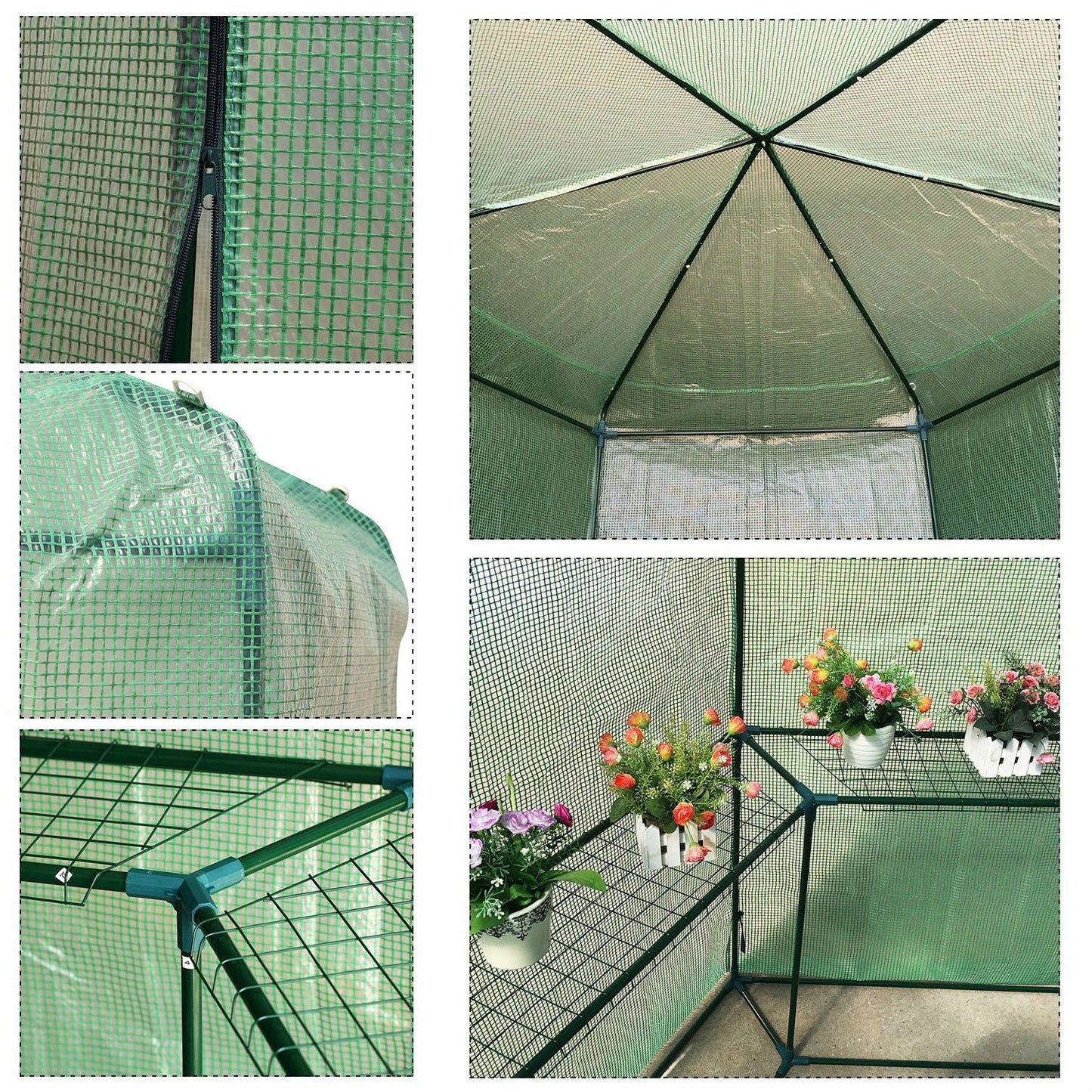 Outdoor Hexagon Greenhouse 6.5 x 7 Ft with Steel Frame PE Cover and Shelves