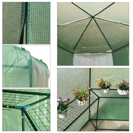 Outdoor Hexagon Greenhouse 6.5 x 7 Ft with Steel Frame PE Cover and Shelves
