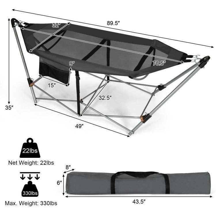 Grey Portable Camping Foldable Hammock with Stand and Carry Case