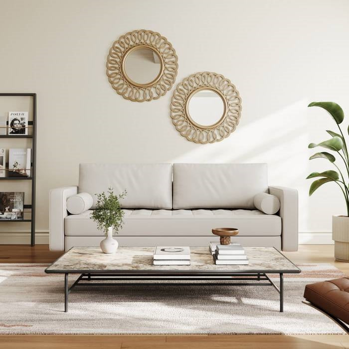 Ivory Upholstered Faux Leather Sofa w/ Pillows Solid Hardwood Legs