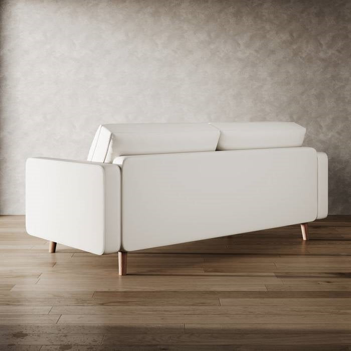 Ivory Upholstered Faux Leather Sofa w/ Pillows Solid Hardwood Legs