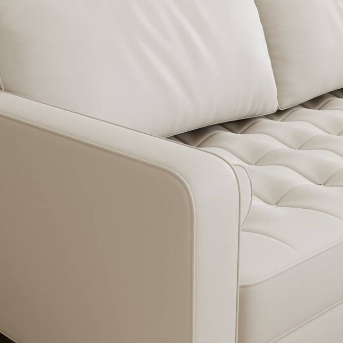 Ivory Upholstered Faux Leather Sofa w/ Pillows Solid Hardwood Legs
