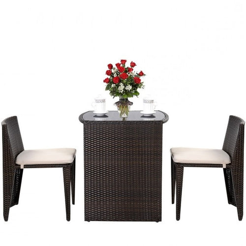3 Piece Compact Espresso/White Wicker Patio Cushioned Outdoor Chair Table Set *