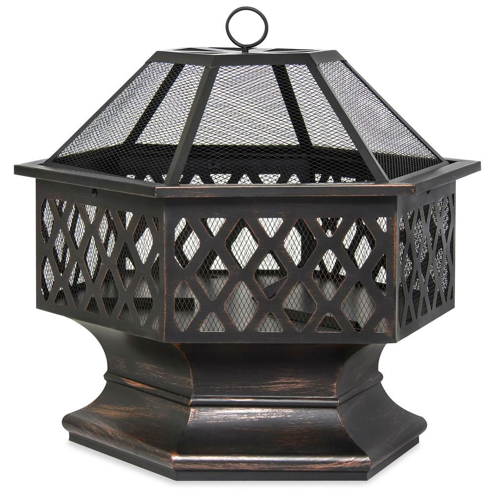 Beautiful Hex Shaped 24 Inch Steel Distressed Bronze Lattice Design Fire Pit With Cover