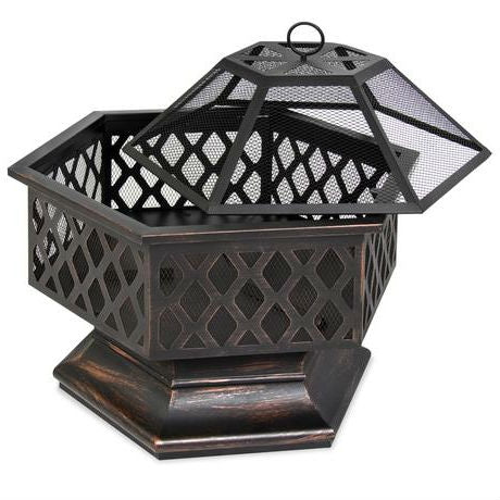 Beautiful Hex Shaped 24 Inch Steel Distressed Bronze Lattice Design Fire Pit With Cover