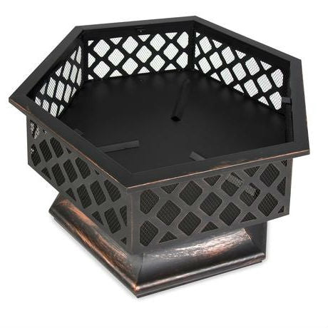 Beautiful Hex Shaped 24 Inch Steel Distressed Bronze Lattice Design Fire Pit With Cover