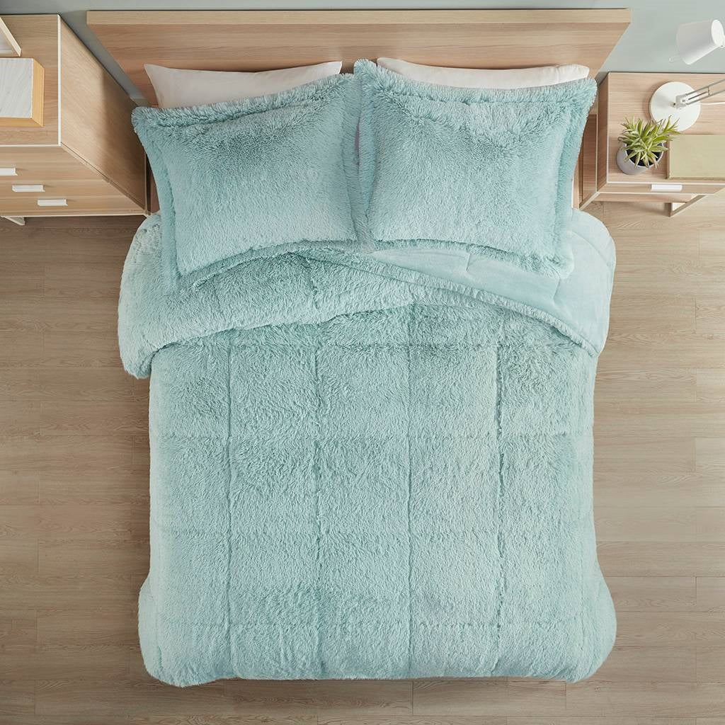 Soft Sherpa Faux Fur Comforter Set with Pillow Shams in Grey, Pink Blush, Black, or Light Teal Blue