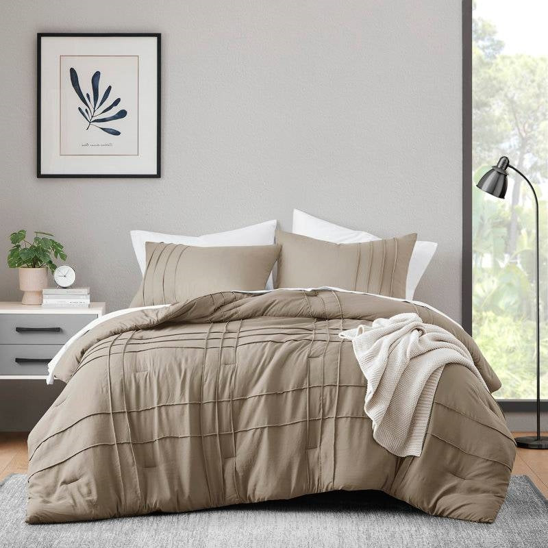 Microfiber Pleated Soft Lightweight Comforter Set in Tan or Green