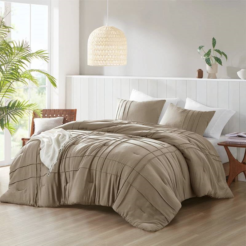 Microfiber Pleated Soft Lightweight Comforter Set in Tan or Green