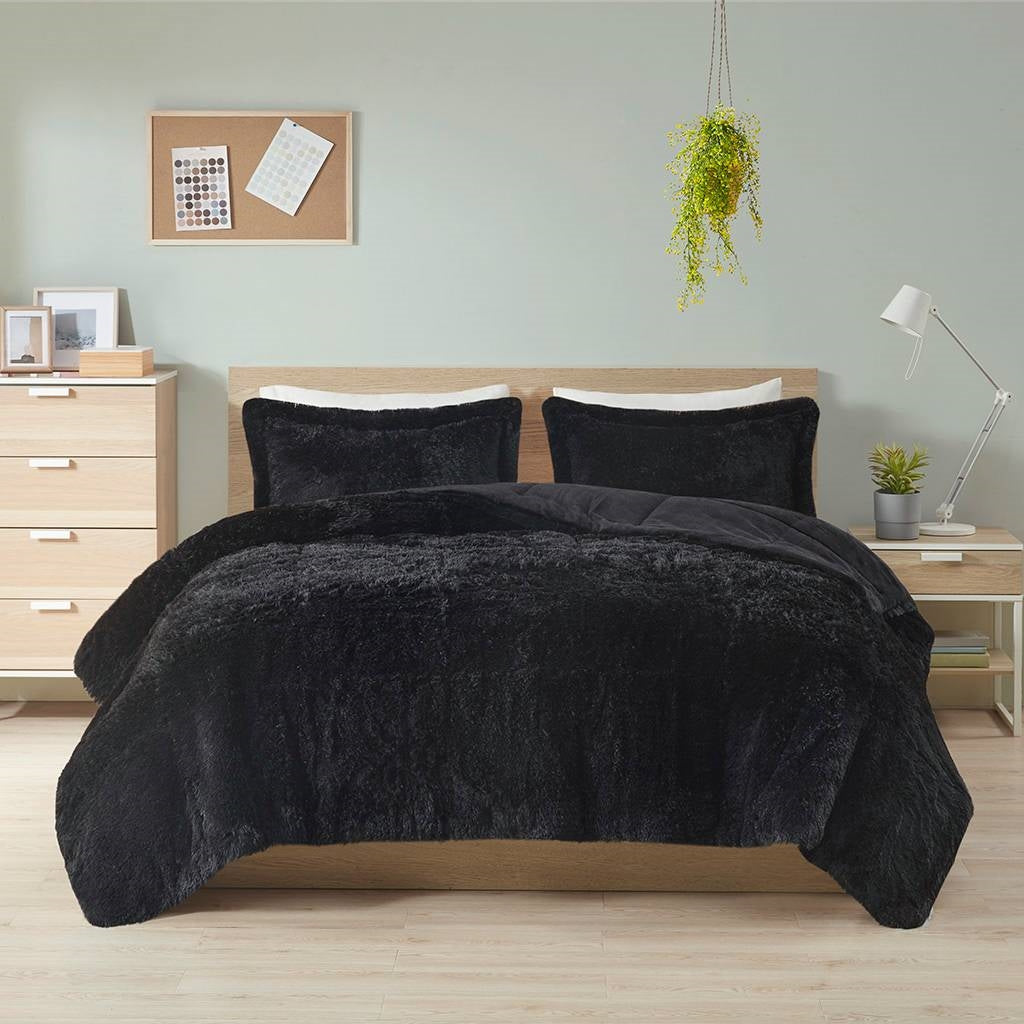 Soft Sherpa Faux Fur Comforter Set with Pillow Shams in Grey, Pink Blush, Black, or Light Teal Blue