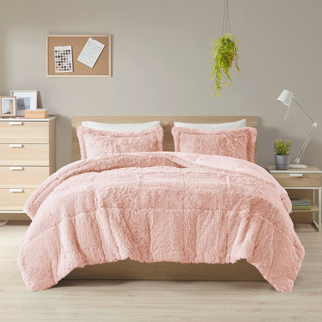 Soft Sherpa Faux Fur Comforter Set with Pillow Shams in Grey, Pink Blush, Black, or Light Teal Blue