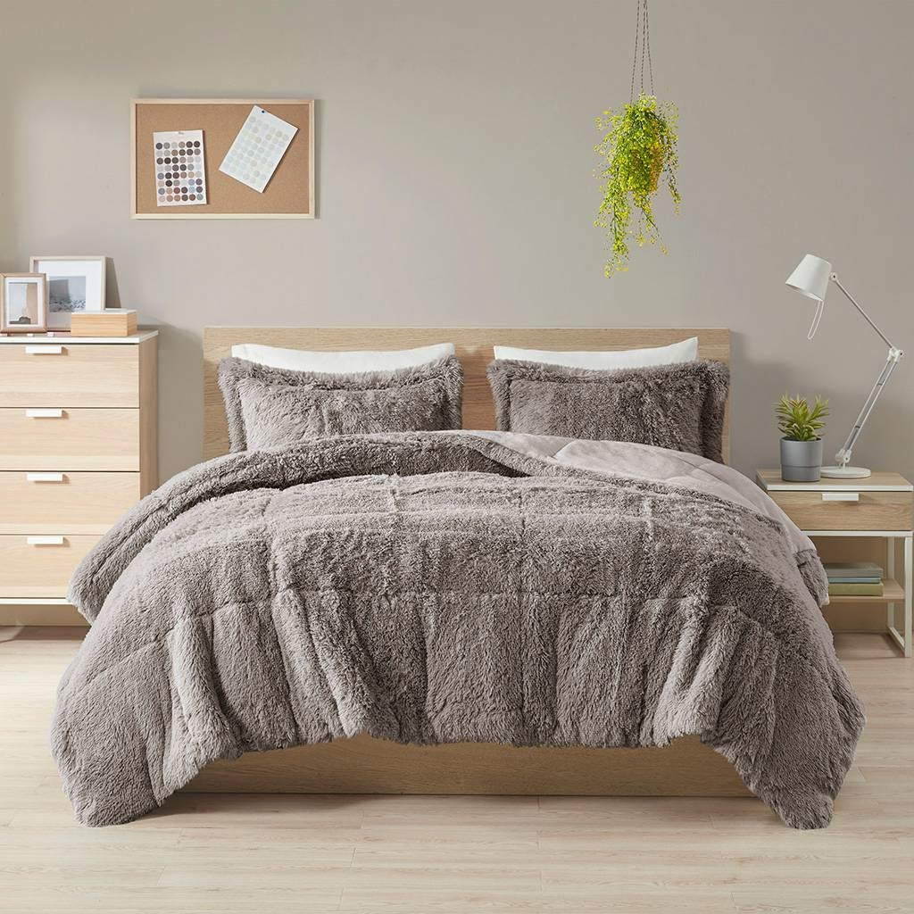 Soft Sherpa Faux Fur Comforter Set with Pillow Shams in Grey, Pink Blush, Black, or Light Teal Blue