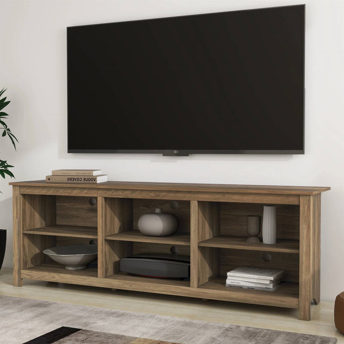 Farmhouse Style TV Stand with 6 Storage Compartments in Brown Oak Wood Finish