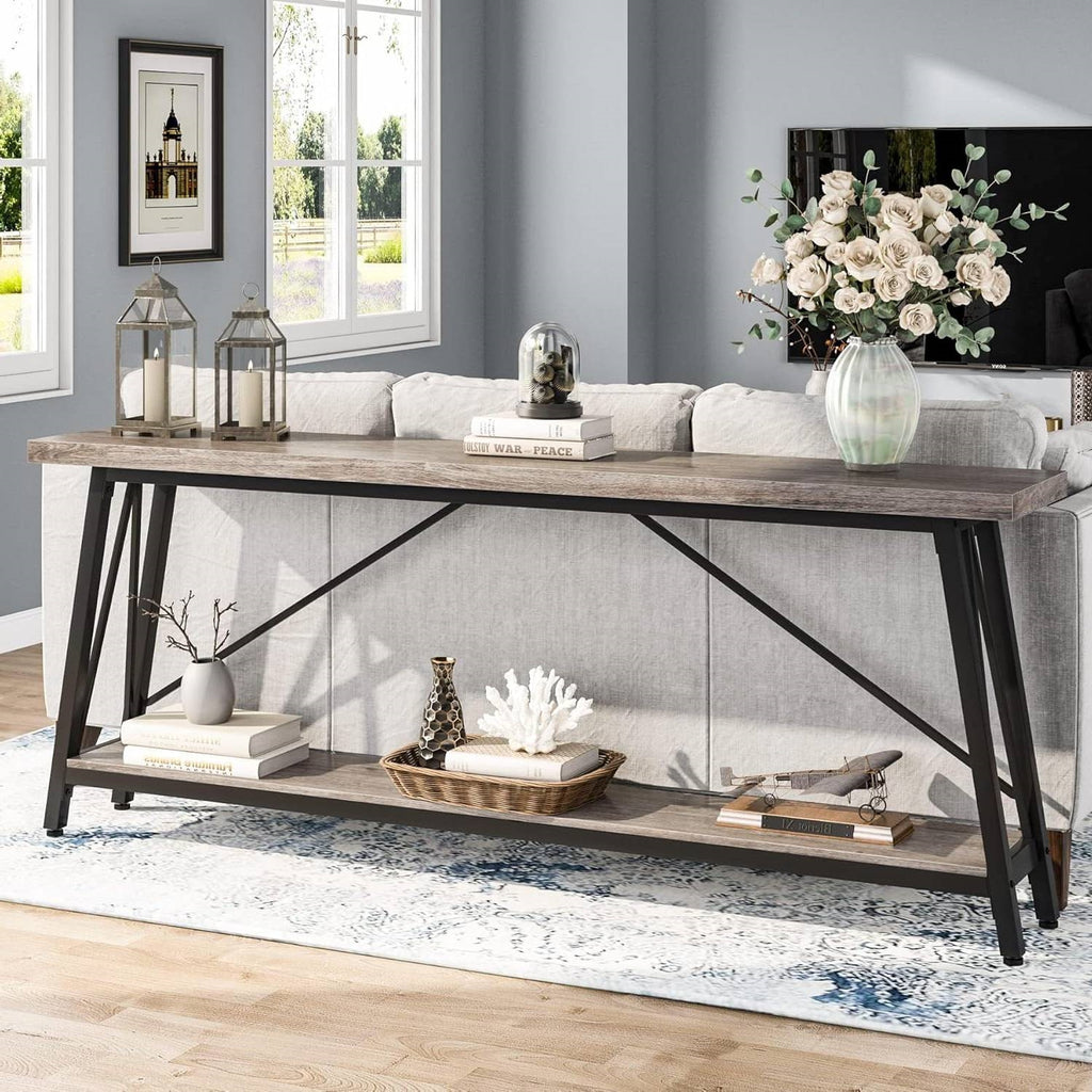 Heavy Duty 70-inch Industrial Wood Top Sofa Table with Metal Frame in Four Colors