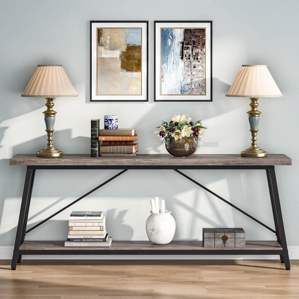 Heavy Duty 70-inch Industrial Wood Top Sofa Table with Metal Frame in Four Colors