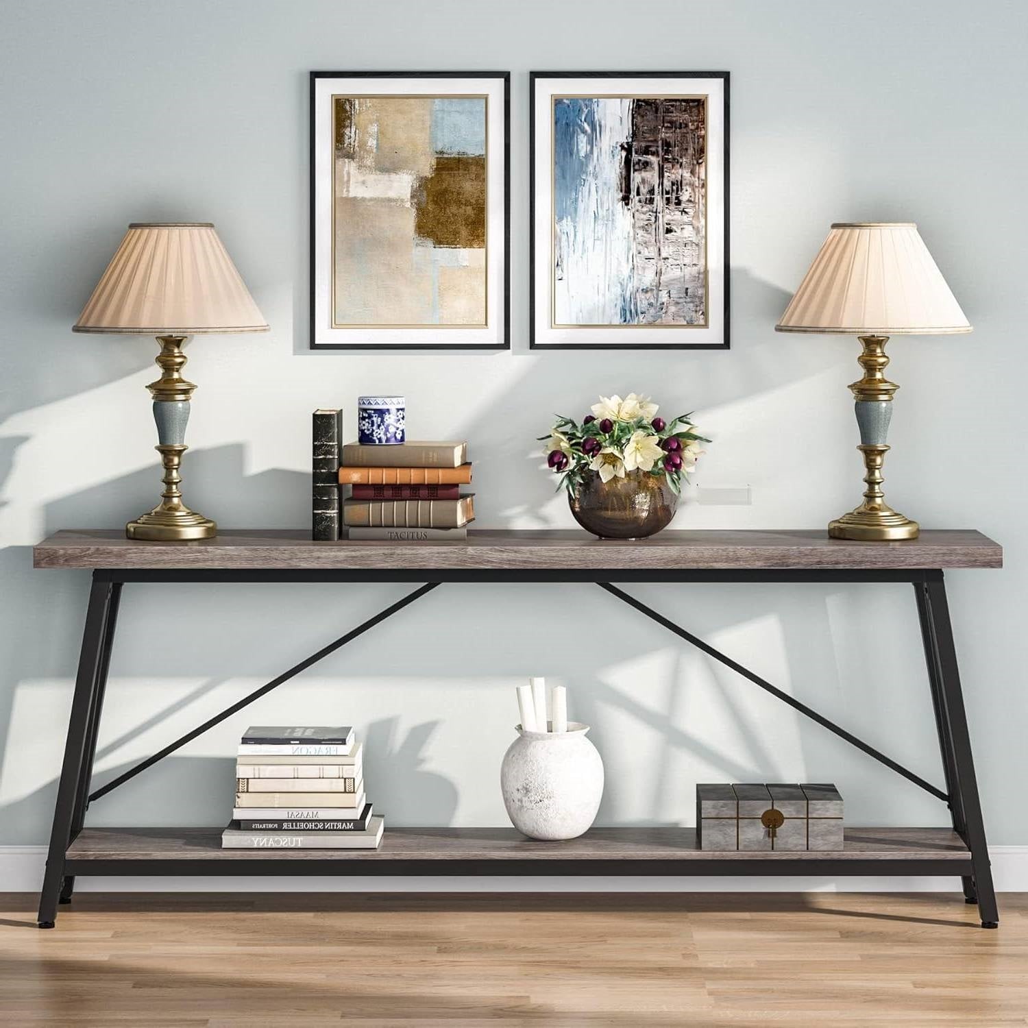 Heavy Duty 70-inch Industrial Wood Top Sofa Table with Metal Frame in Four Colors