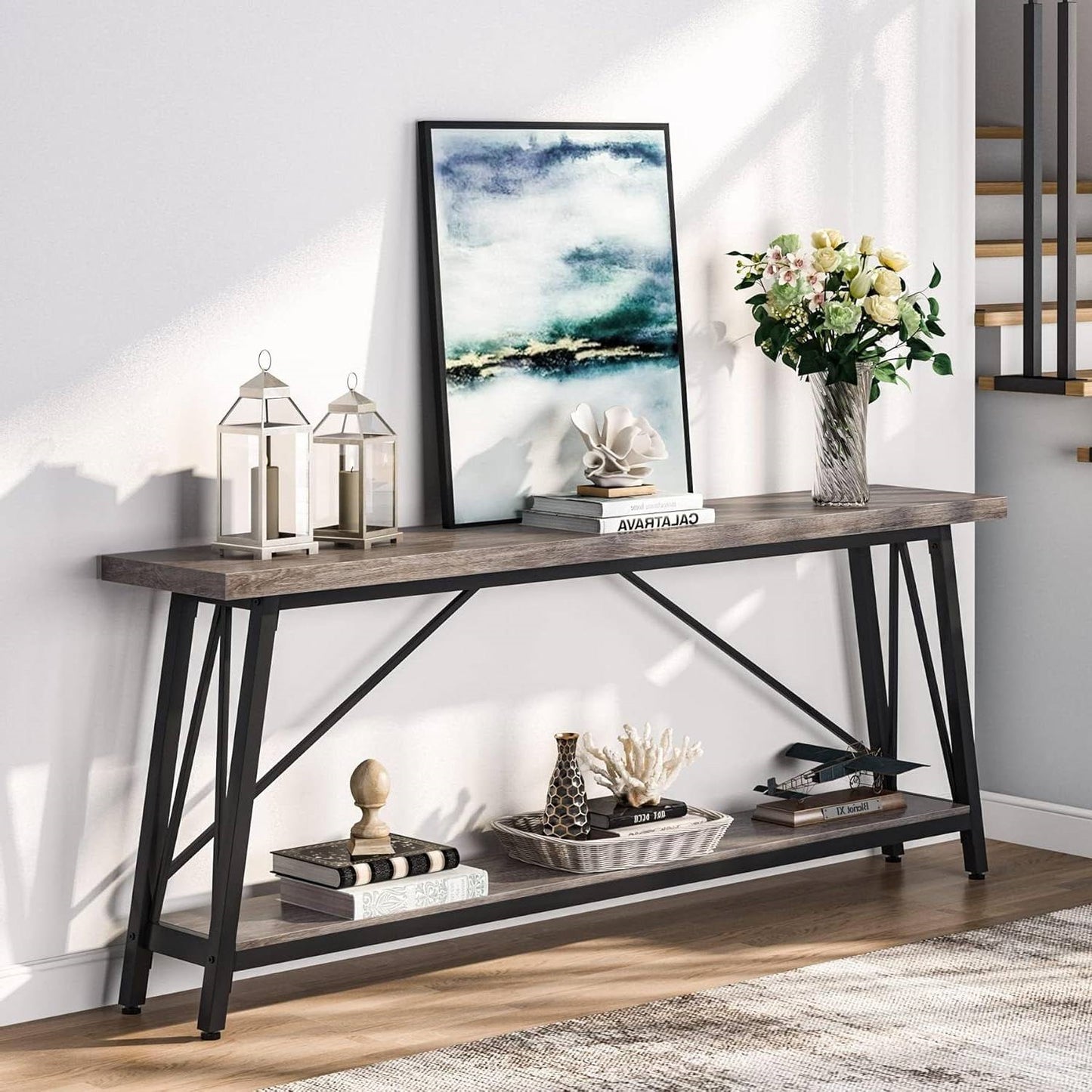 Heavy Duty 70-inch Industrial Wood Top Sofa Table with Metal Frame in Four Colors