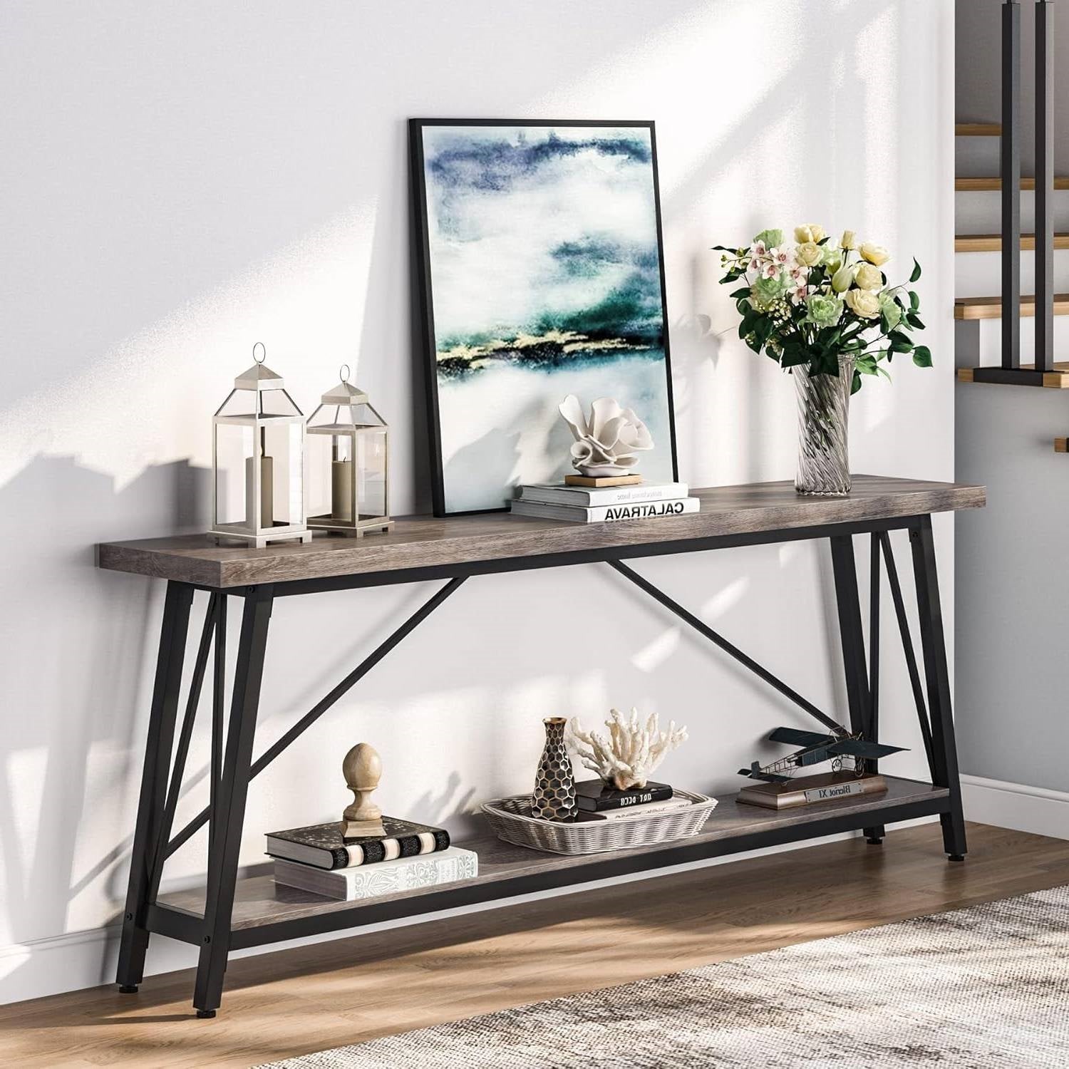 Heavy Duty 70-inch Industrial Wood Top Sofa Table with Metal Frame in Four Colors