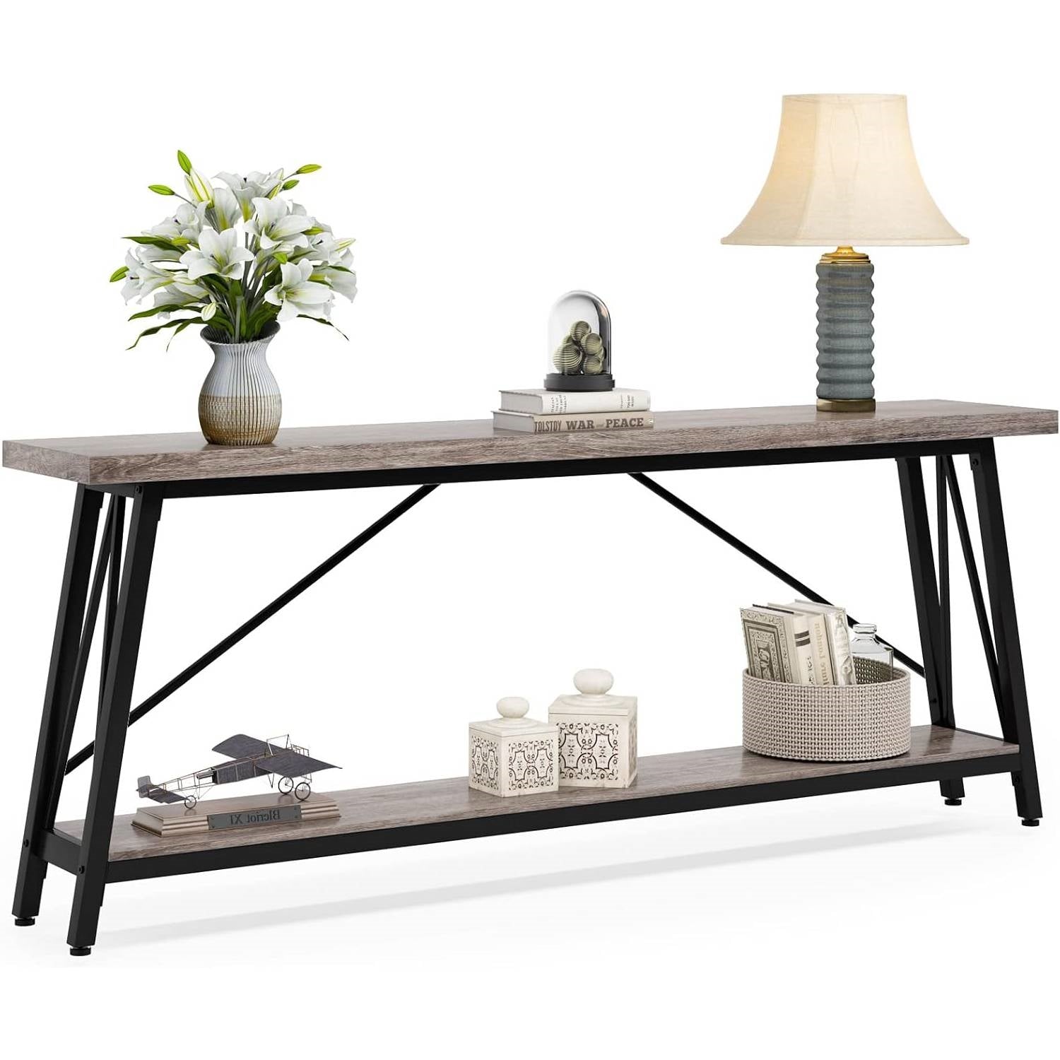 Heavy Duty 70-inch Industrial Wood Top Sofa Table with Metal Frame in Four Colors