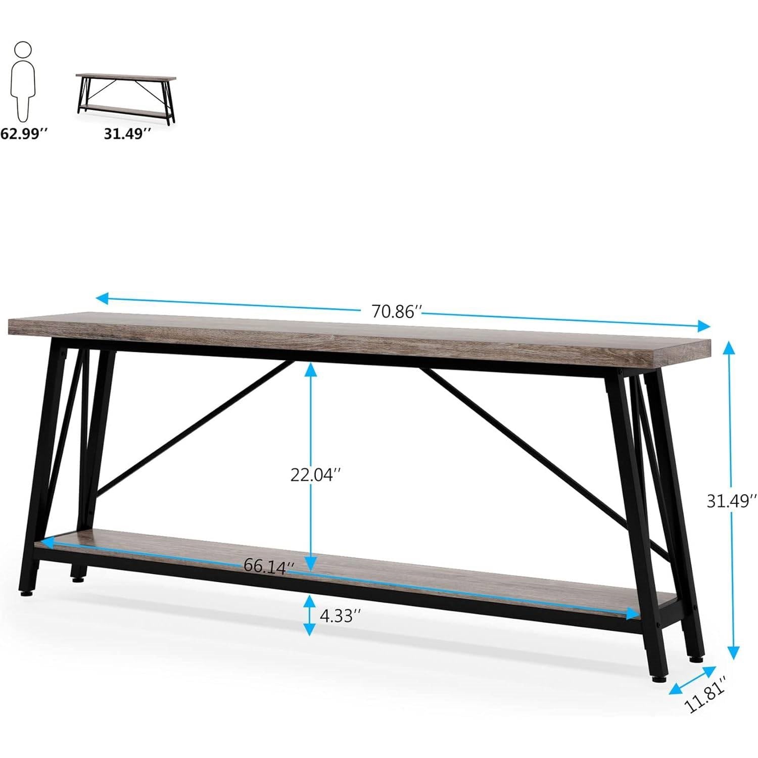 Heavy Duty 70-inch Industrial Wood Top Sofa Table with Metal Frame in Four Colors