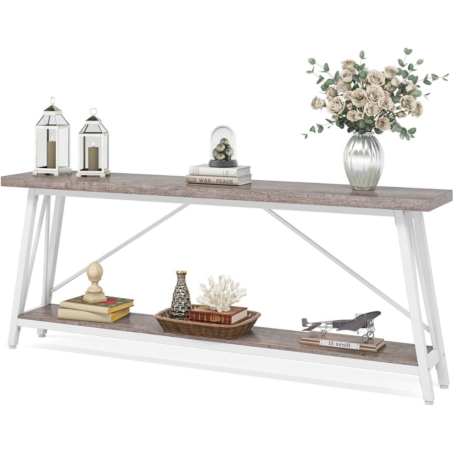 Heavy Duty 70-inch Industrial Wood Top Sofa Table with Metal Frame in Four Colors