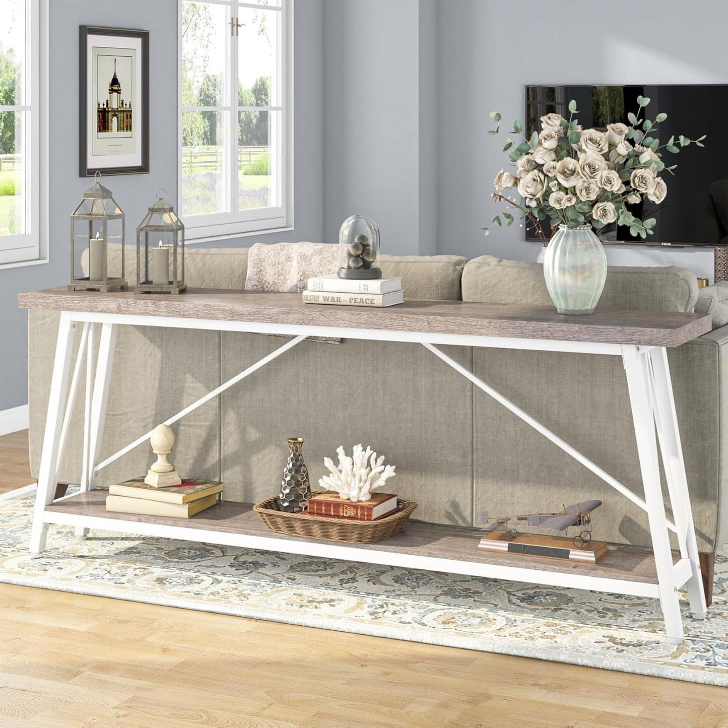 Heavy Duty 70-inch Industrial Wood Top Sofa Table with Metal Frame in Four Colors