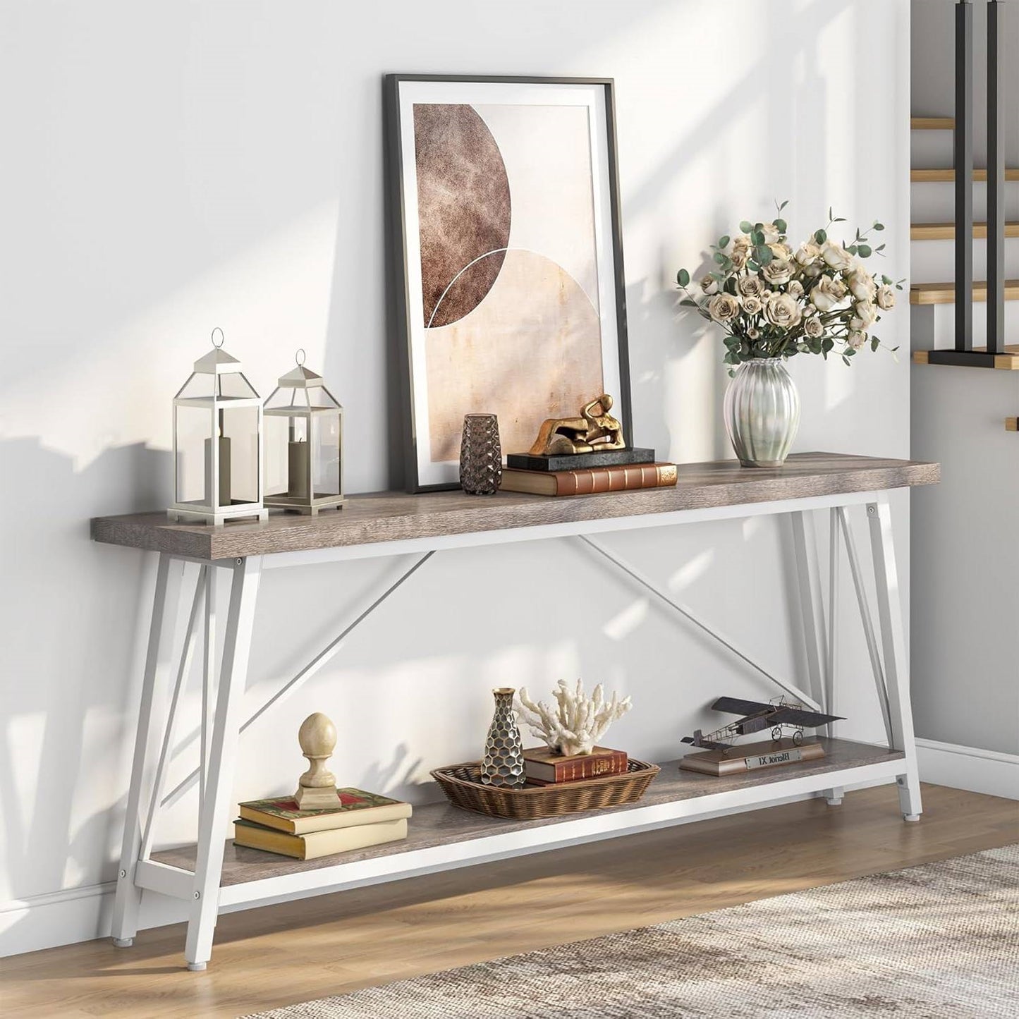 Heavy Duty 70-inch Industrial Wood Top Sofa Table with Metal Frame in Four Colors